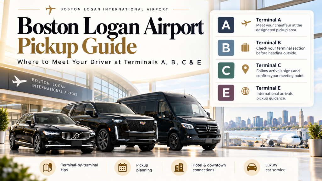 Boston Logan Airport pickup guide showing prearranged limousine meeting locations for Terminals A, B, C and E