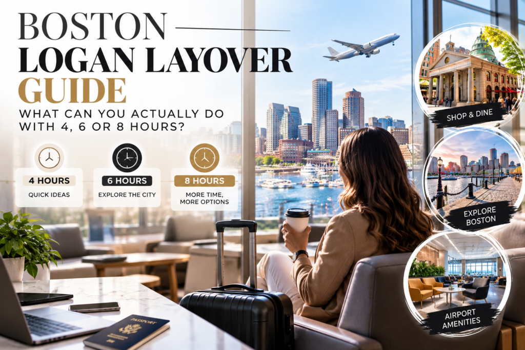 Boston Logan Airport layover guide showing a traveler planning what to do in Boston with a four, six or eight hour connection