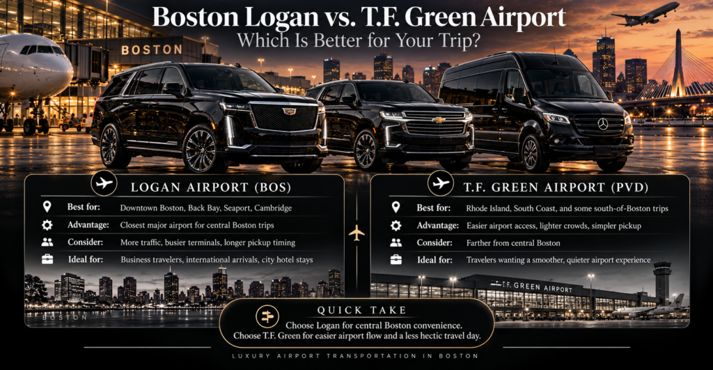 Comparison of Boston Logan International Airport and Rhode Island T.F. Green Airport for travelers visiting Boston, Providence and Newport
