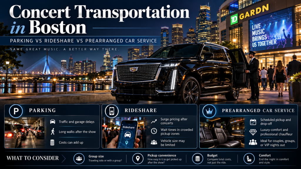 Boston concert transportation comparison showing parking, rideshare and prearranged private car service options