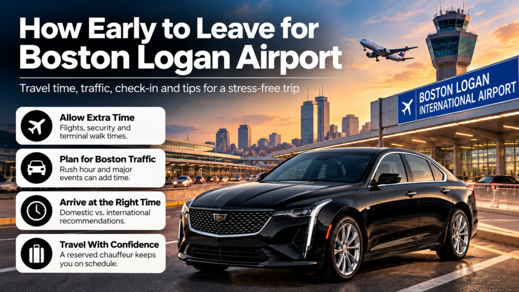 Traveler planning when to leave for Boston Logan Airport based on flight time, traffic, luggage and airport arrival time