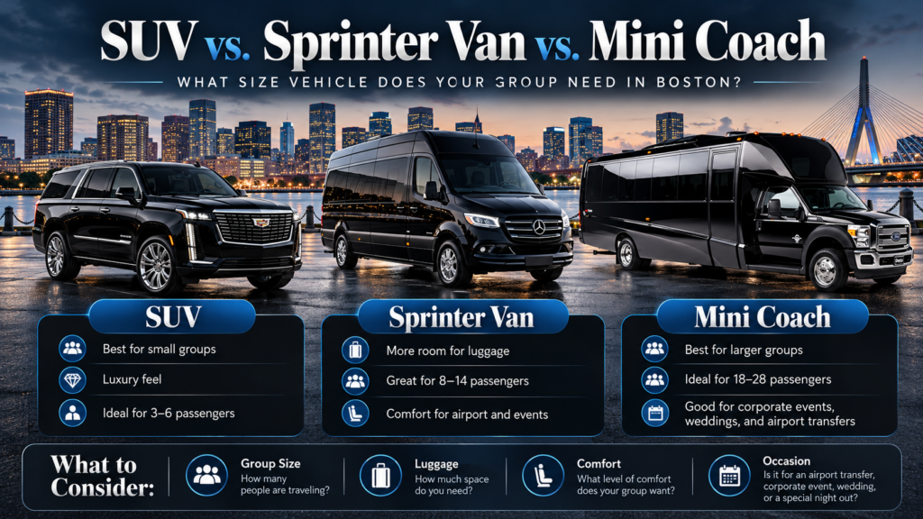 SUV, executive Sprinter van and mini coach comparison for choosing the right group transportation vehicle in Boston