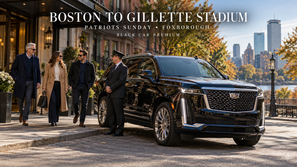 Late-model black Cadillac Escalade departing Boston for Gillette Stadium with Black Car Premium passengers traveling to a Patriots game in Foxborough.