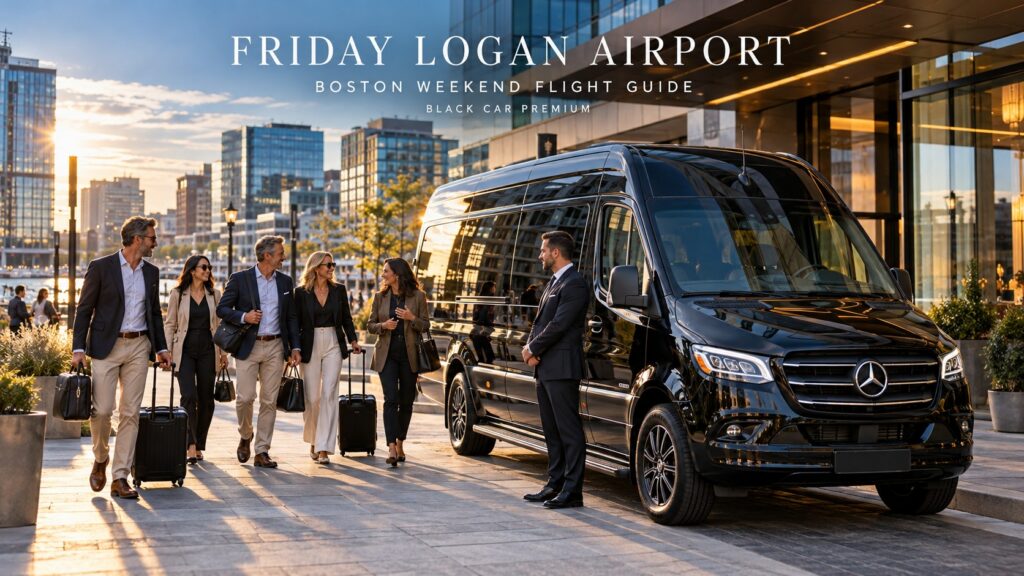 Black Mercedes-Benz Executive Sprinter with travelers leaving Boston Seaport for a Friday Logan Airport flight with Black Car Premium.